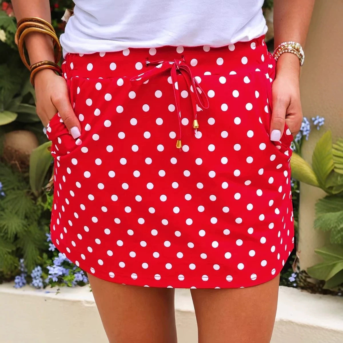 Polka Dot Drawstring Casual Mini Skort
