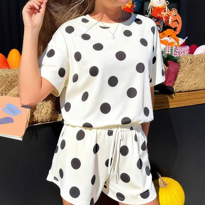 Polka Dot Print Loose Tee Drawstring Elastic Waist Short Set