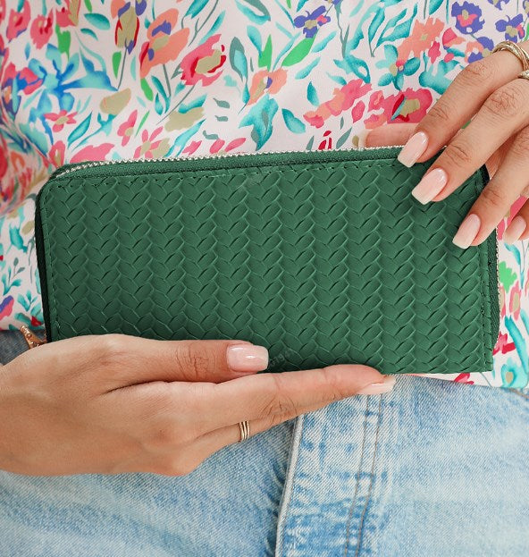 Vagan Leather Woven Zip-Around Clutch Wallet