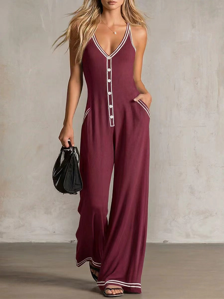 Women's V-Neck Backless Wide-Leg Jumpsuit