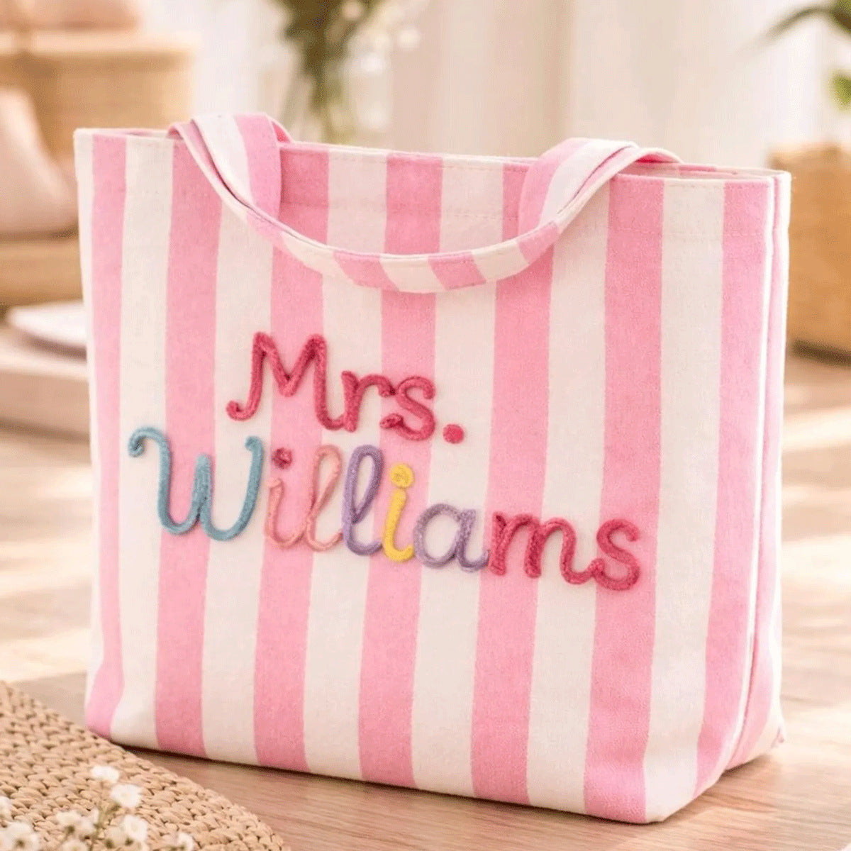 Custom Striped Tote Bag – Hand-Embroidered