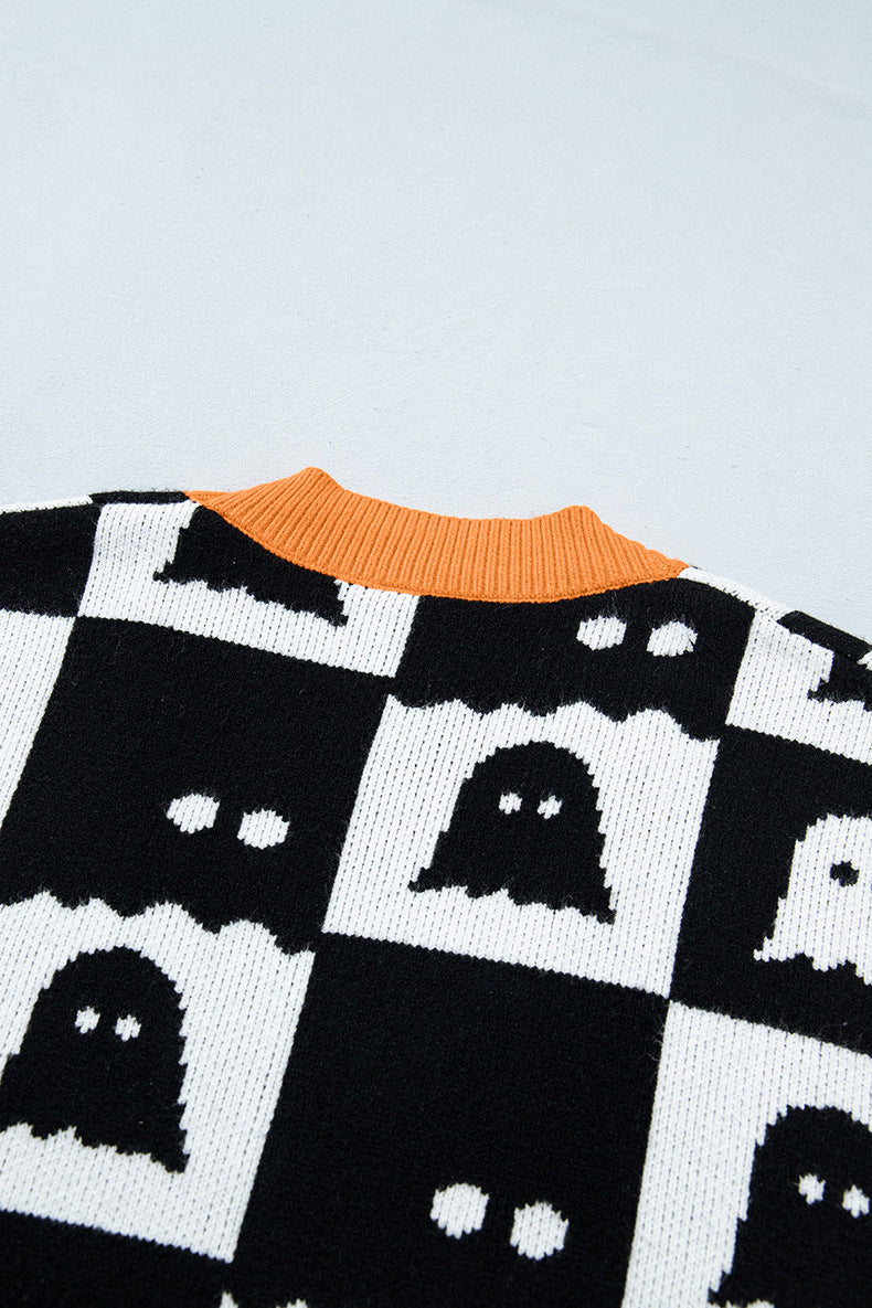 Black Geometric Ghost Print Drop Shoulder Knit Cardigan