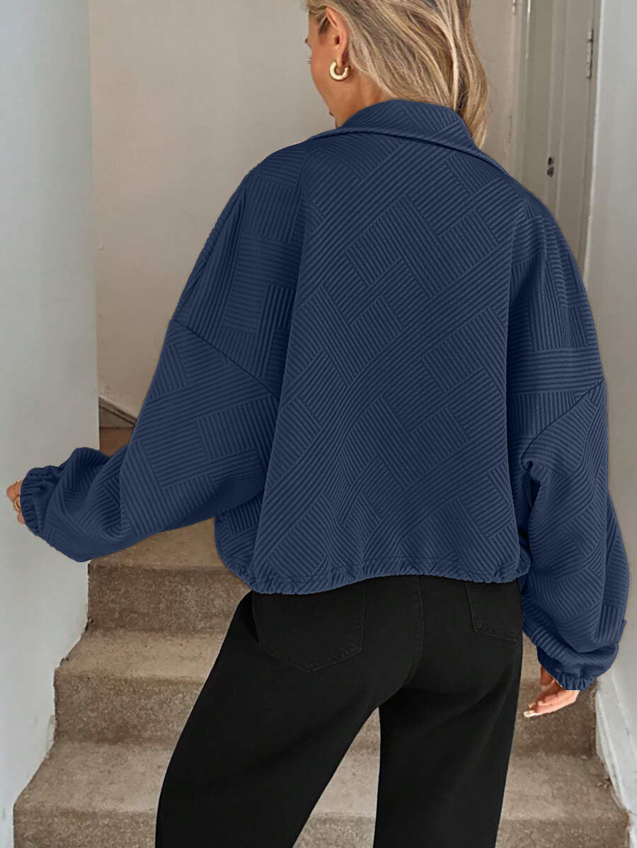 Chic Geometric Textured Zip Up Jacket