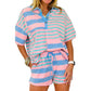 Pink Stripe Exposed Seam Mixed Patchwork Loose Short Set