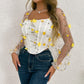 Floral Embroidery Off Shoulder Lantern Sleeve Curved Hem Top