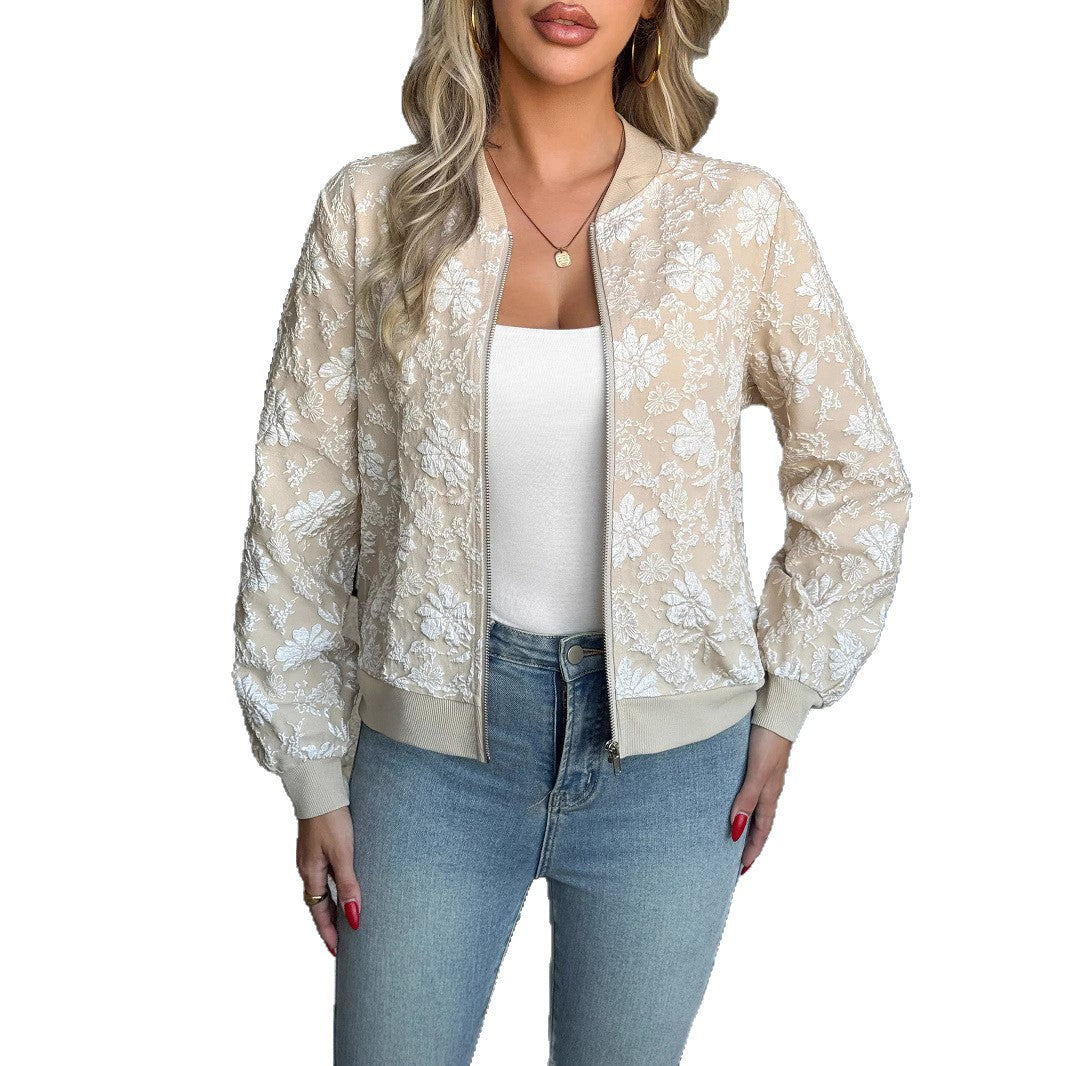 Women's Beige Floral Embroidered / Lace Bomber Jacket
