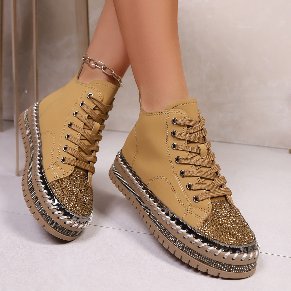 Stitch Rhinestone Lace-Up Shoes