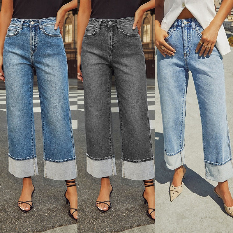 High Rise Straight Cuff Jeans