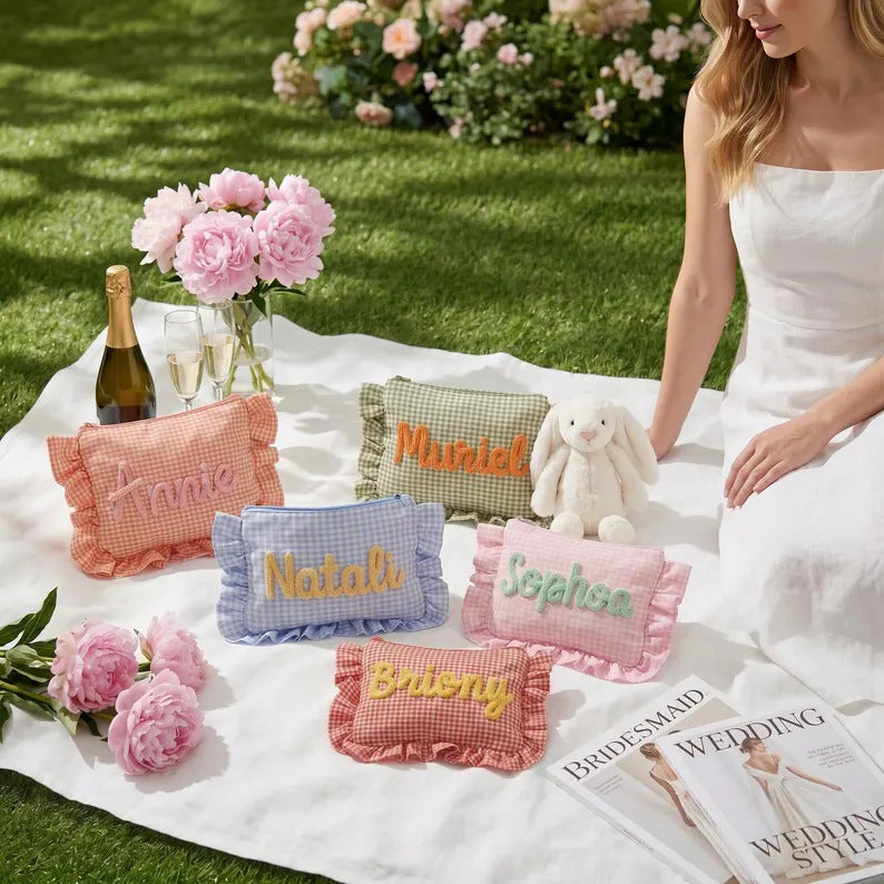 Customizable Text Floral & Plaid Zippered Makeup Bag