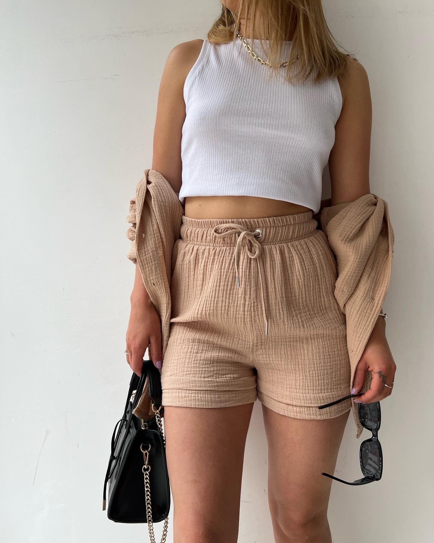 Textured Shirt + Drawstring Shorts 2-Piece Set