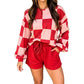 Checkerboard Plaid Long Sleeve Solid Color Shorts 2pcs Set