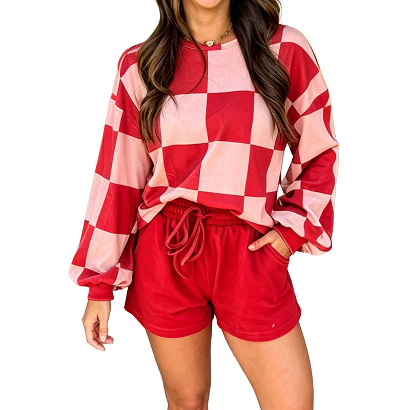 Checkerboard Plaid Long Sleeve Solid Color Shorts 2pcs Set
