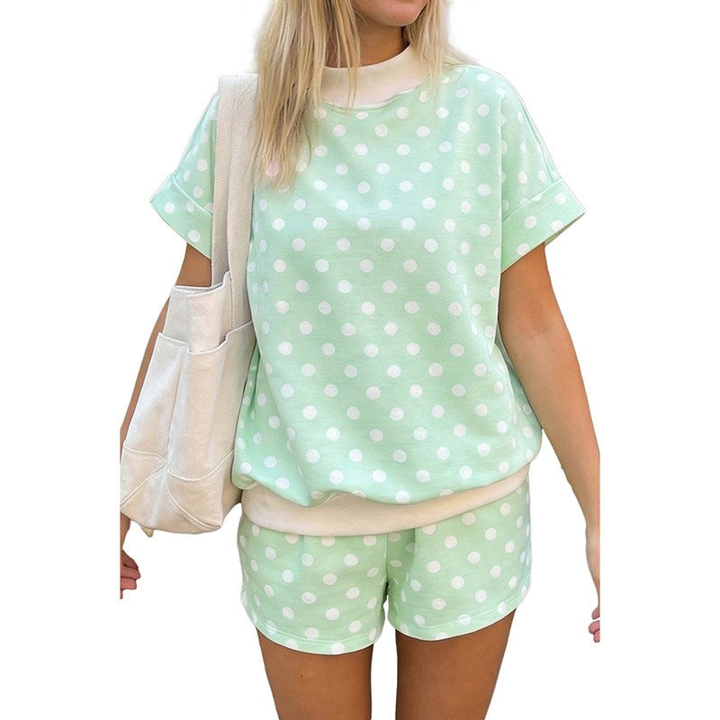 Polka Dot Print Color Block Trim Mock Neck Short Set
