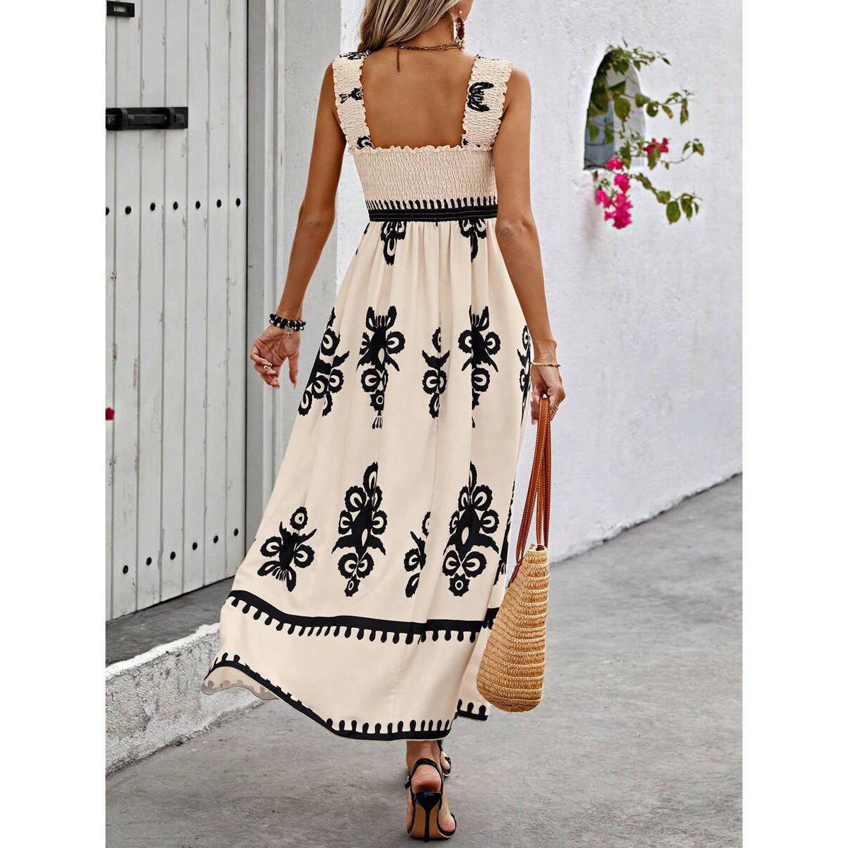 Print Shirred Wide Strap Dress