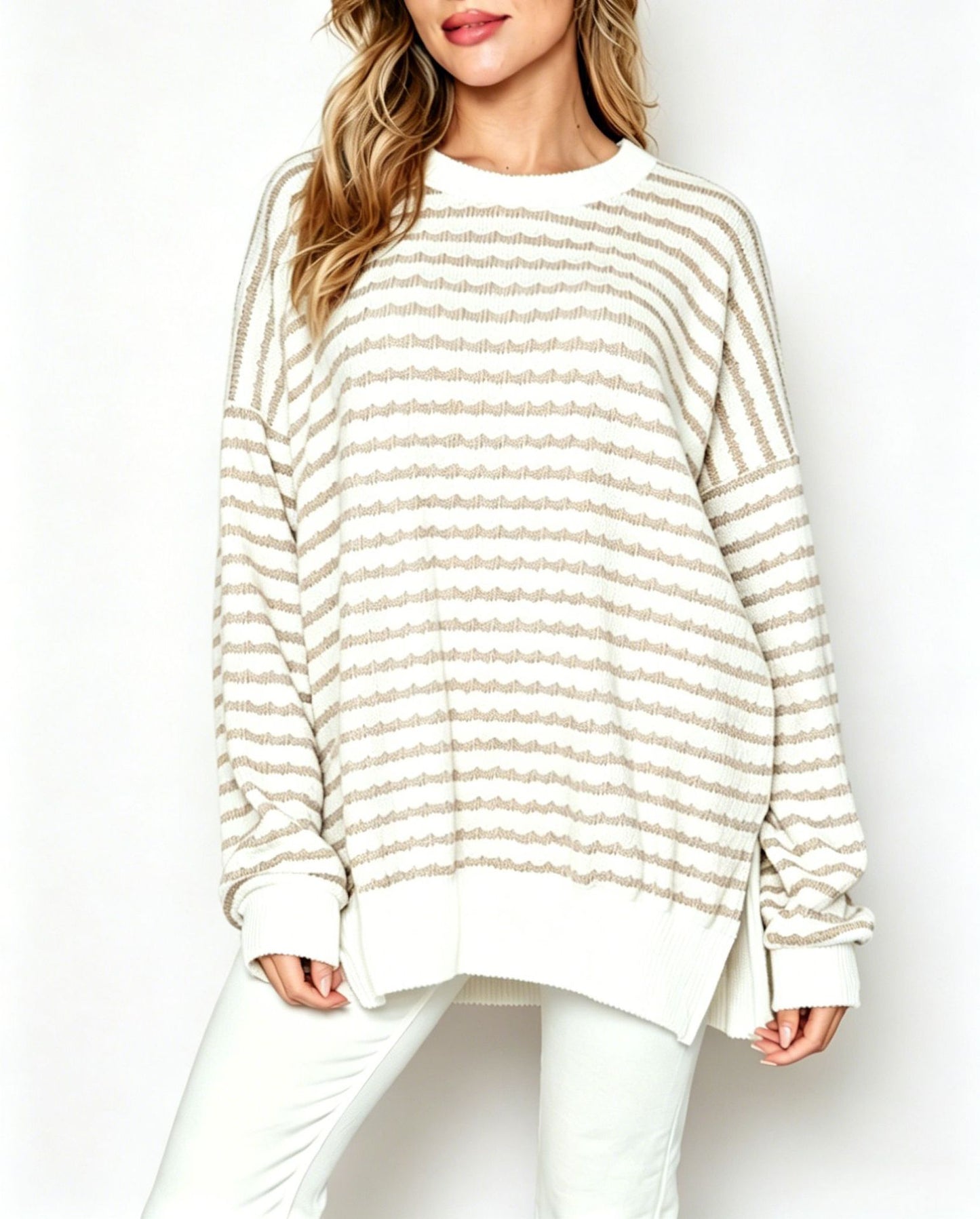Bubble Poly Cotton Stripe Tunic with Side Slit