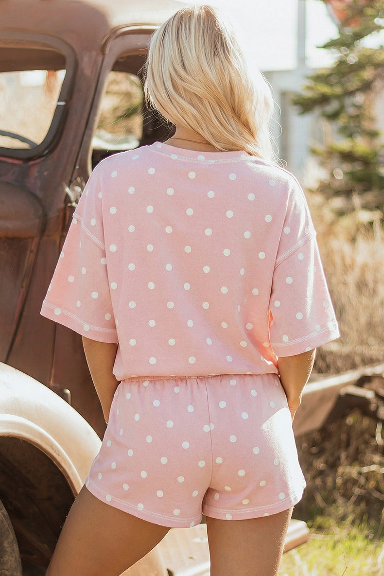 Polka Dot Short Sleeve Loose Top Drawstring Shorts Set