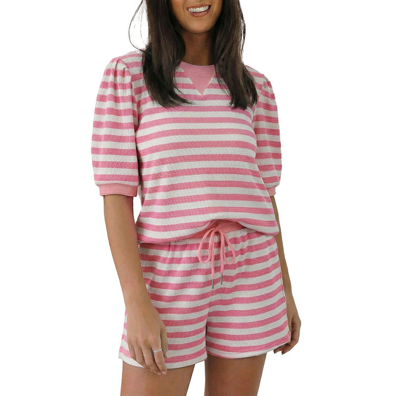 Stripe Puff Short Sleeve T Shirt Matching Shorts Set