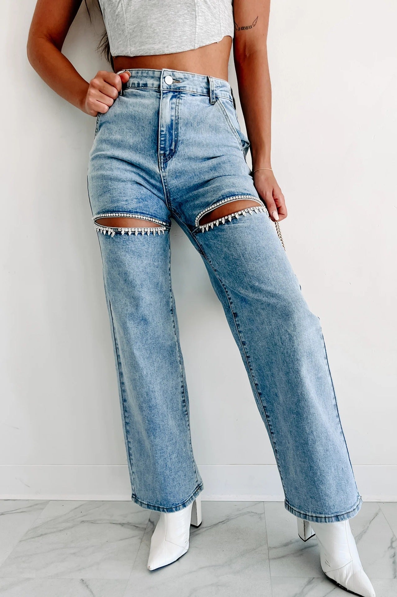 Slit-Front Wide Leg Rhinestone Jeans