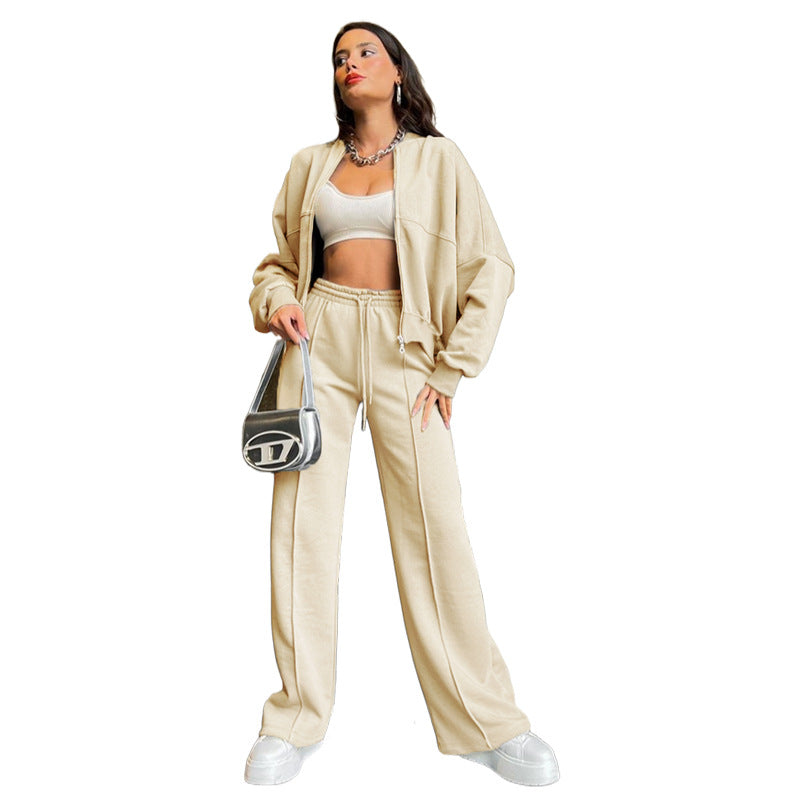 Women's Zippered Cardigan Sweatshirt and Straight Pants Suit
