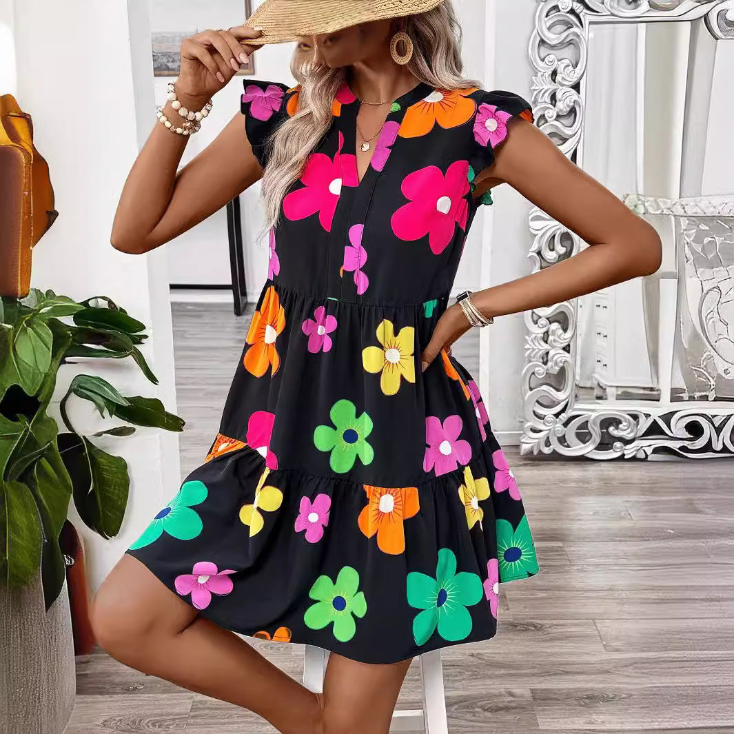 Floral Notched V-Neck Cap Sleeve Babydoll Dress