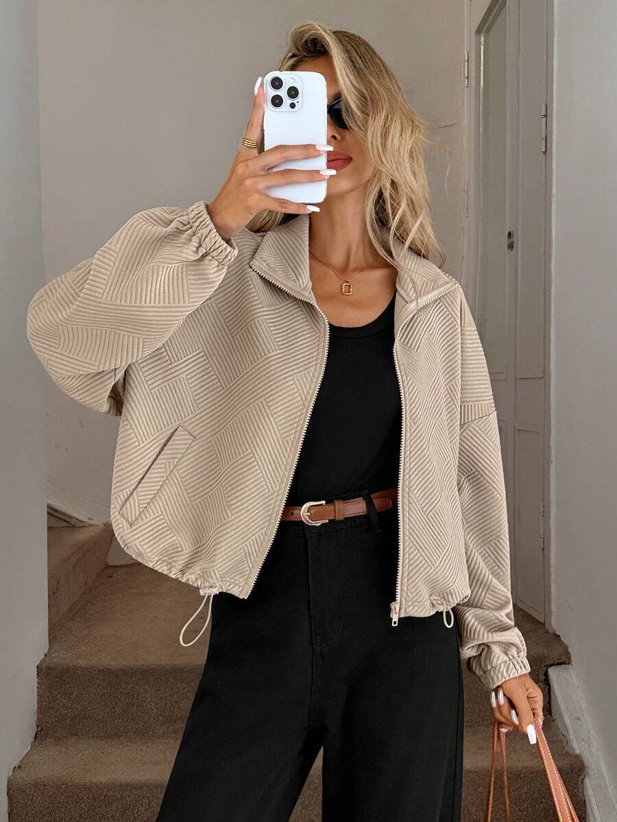 Chic Geometric Textured Zip Up Jacket