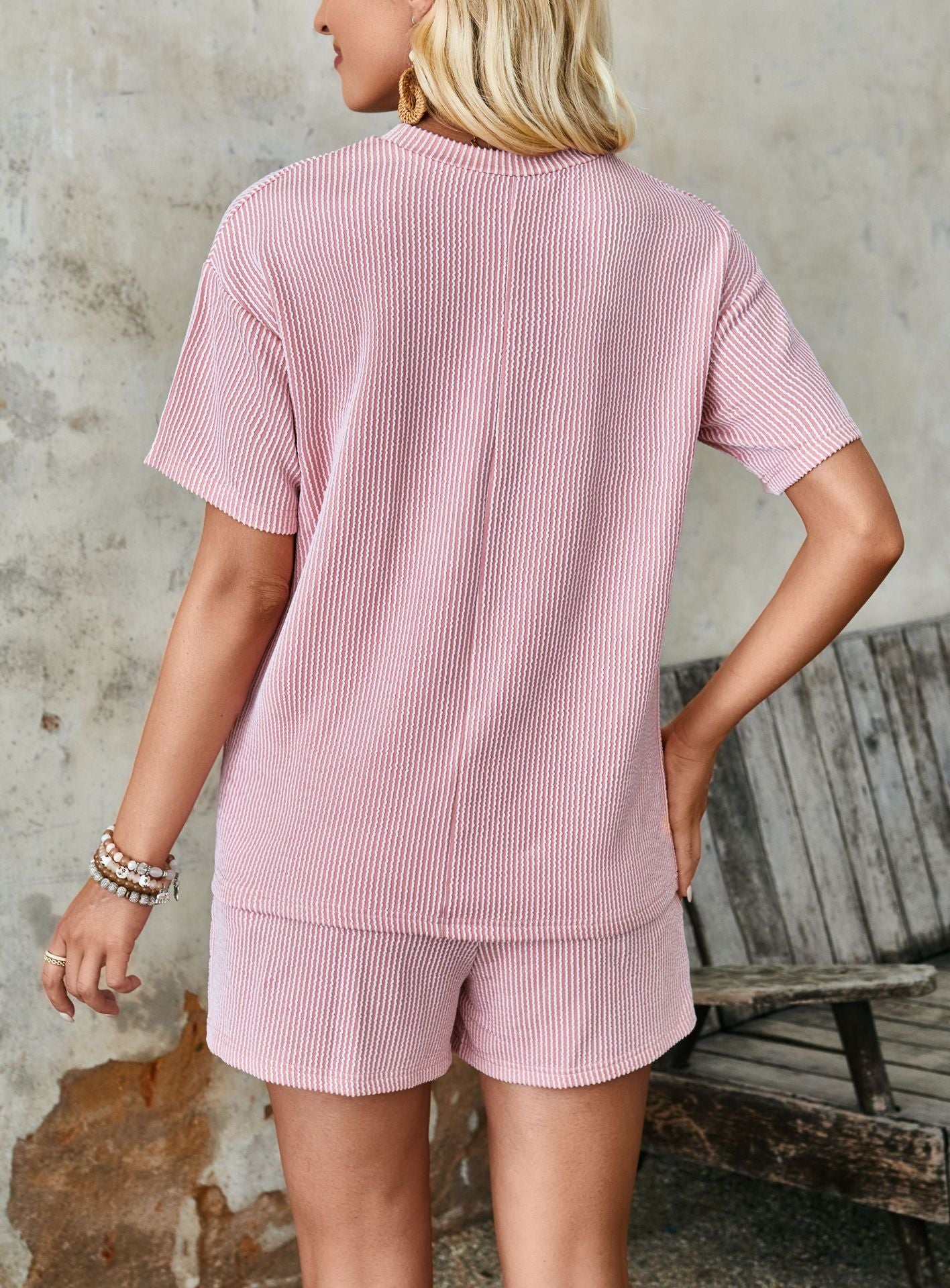 Ribbed Crew Neck Top + Shorts Two-piece Set