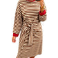 Khaki Stripe Striped Colorblock Cuffs Round Neck Long Sleeve Shift Dress