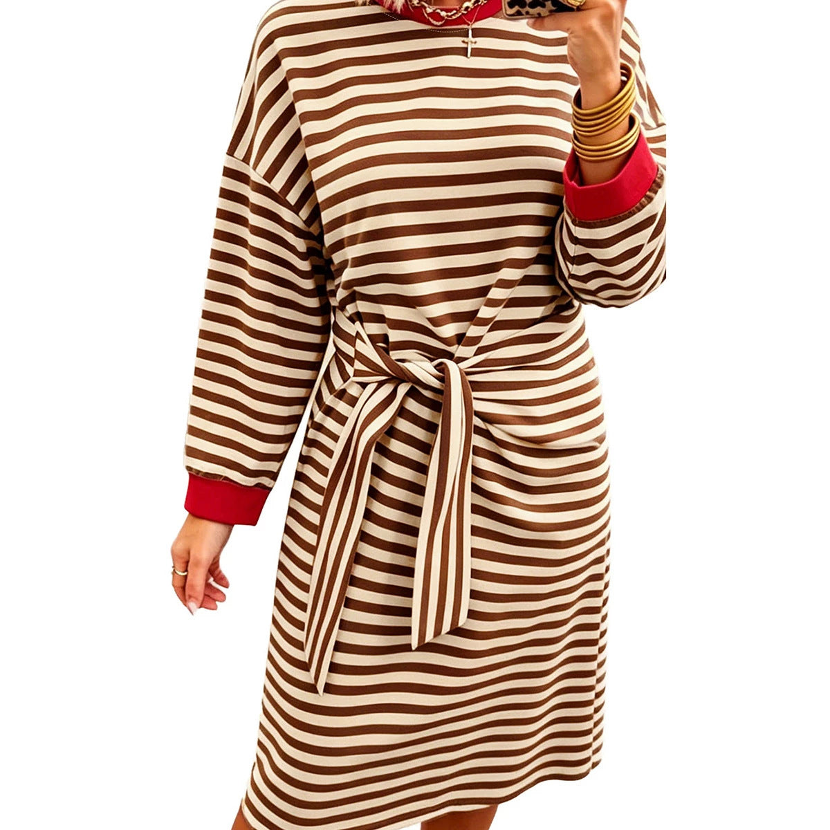 Khaki Stripe Striped Colorblock Cuffs Round Neck Long Sleeve Shift Dress