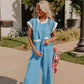 Color Block Pocketed T Shirt and Wide Leg Pants Set