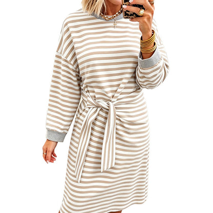 Khaki Stripe Striped Colorblock Cuffs Round Neck Long Sleeve Shift Dress