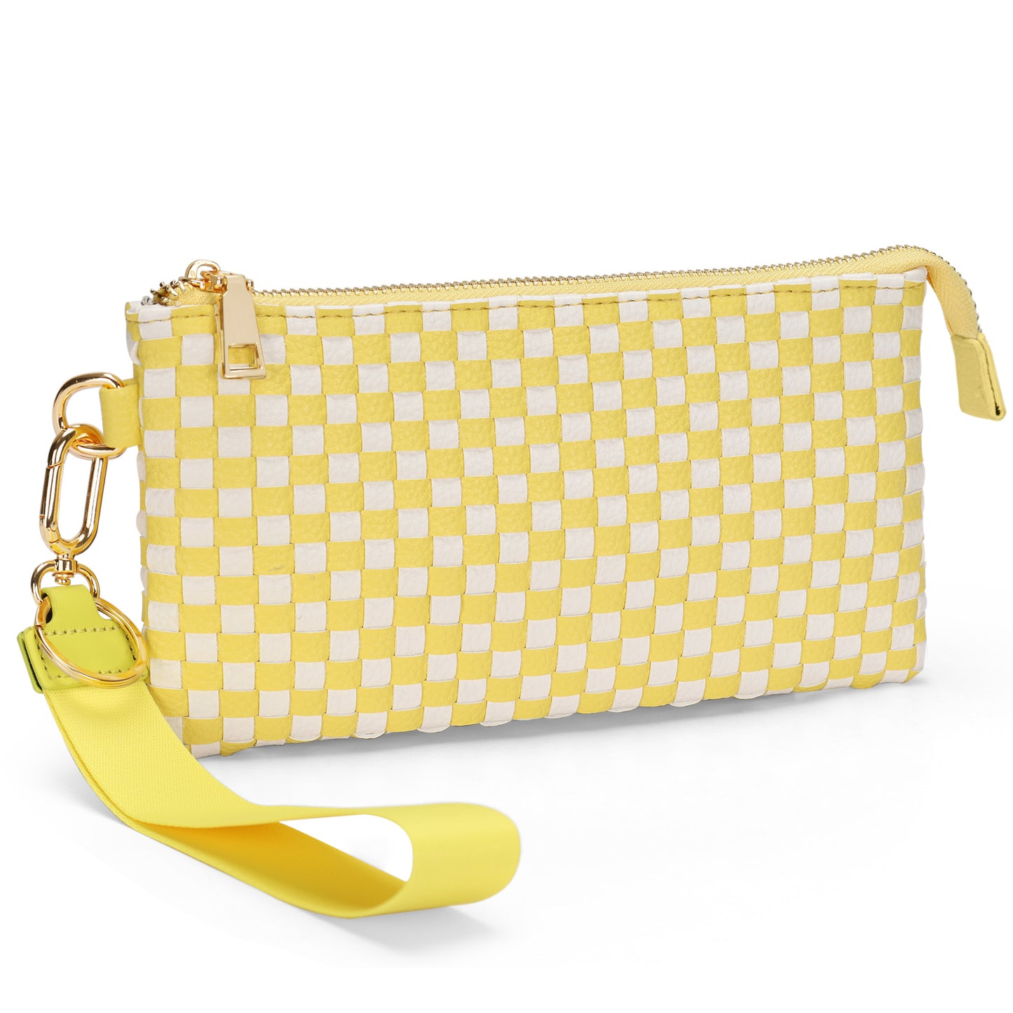 Checkered Woven Clutch Wristlet PU Leather Large Size Patterned Wallet