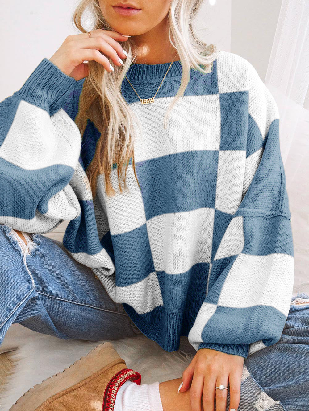 Women's Plus-Size Loose-Fit Color-Block Long-Sleeve Crew-Neck Knit Sweater