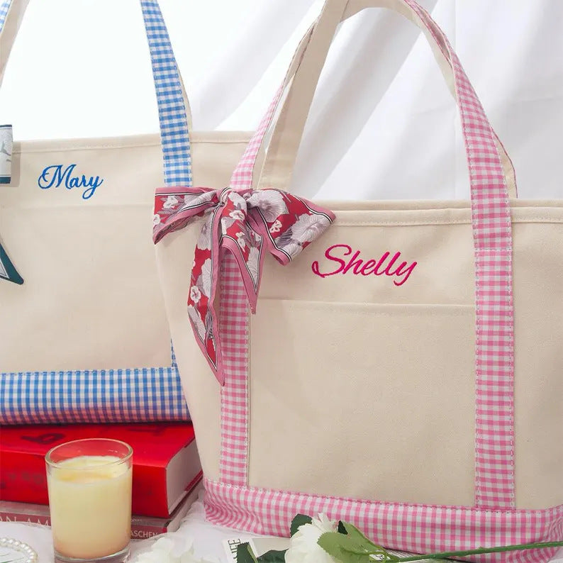 Custom Name Gingham Trimmed Tote