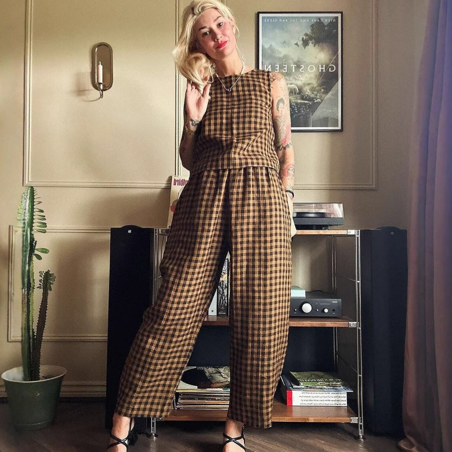 Women's Printed Plaid Sleeveless Vest and Trousers Suit