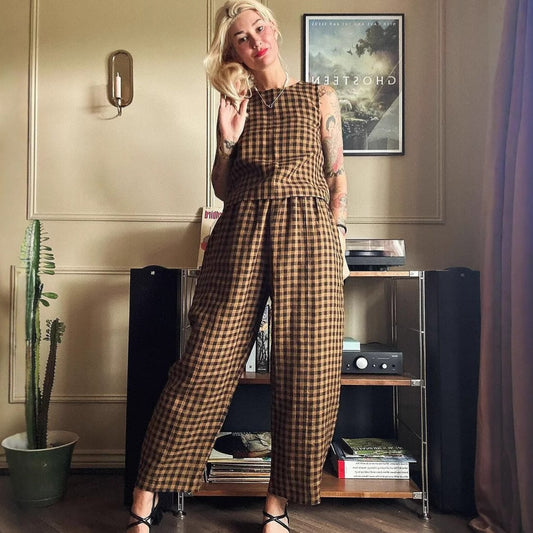 Women's Printed Plaid Sleeveless Vest and Trousers Suit