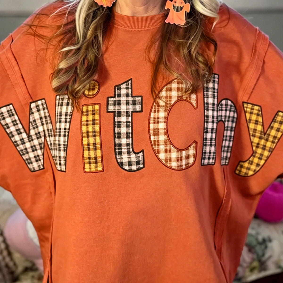 Flamingo Halloween Witchy Plaid Slogan Embroidered Patch Tunic Sweatshirt