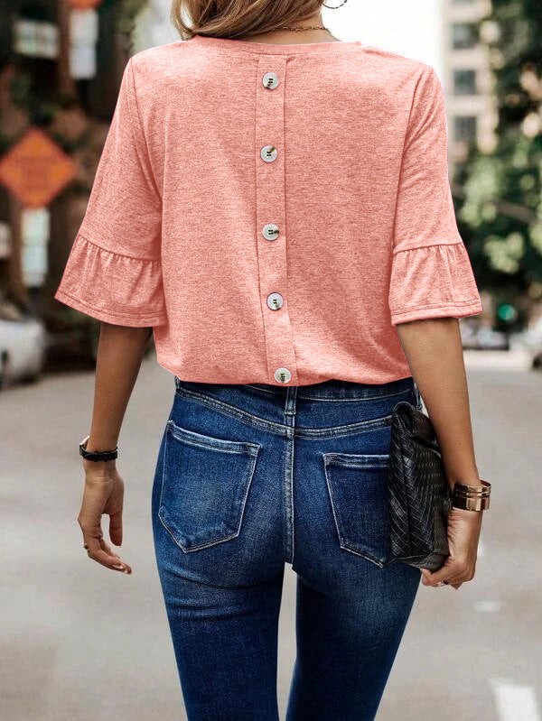 Solid Button Ruffle Sleeve T-shirt