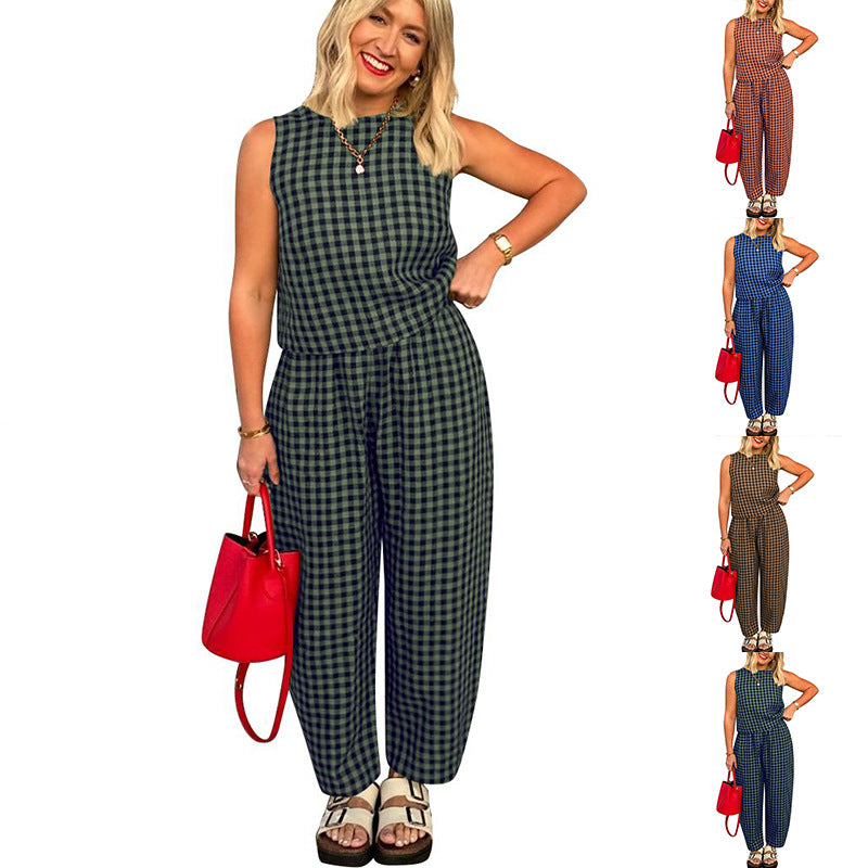 Women's Printed Plaid Sleeveless Vest and Trousers Suit