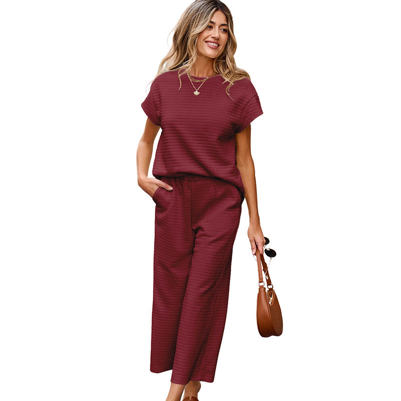 Textured Top and Wide-leg Pants Set