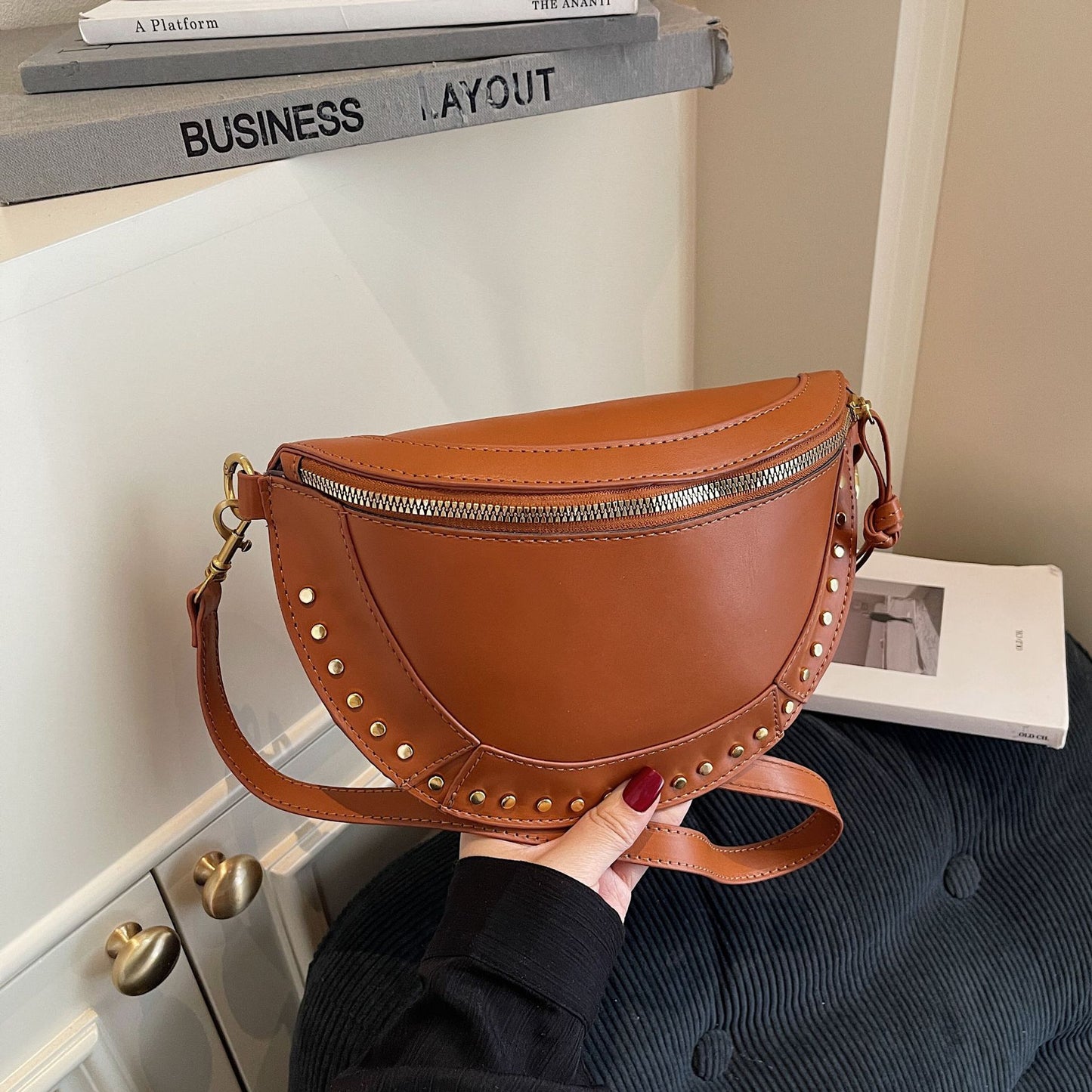 Retro Half Moon Studded Vagen Leather Crossbody Bag