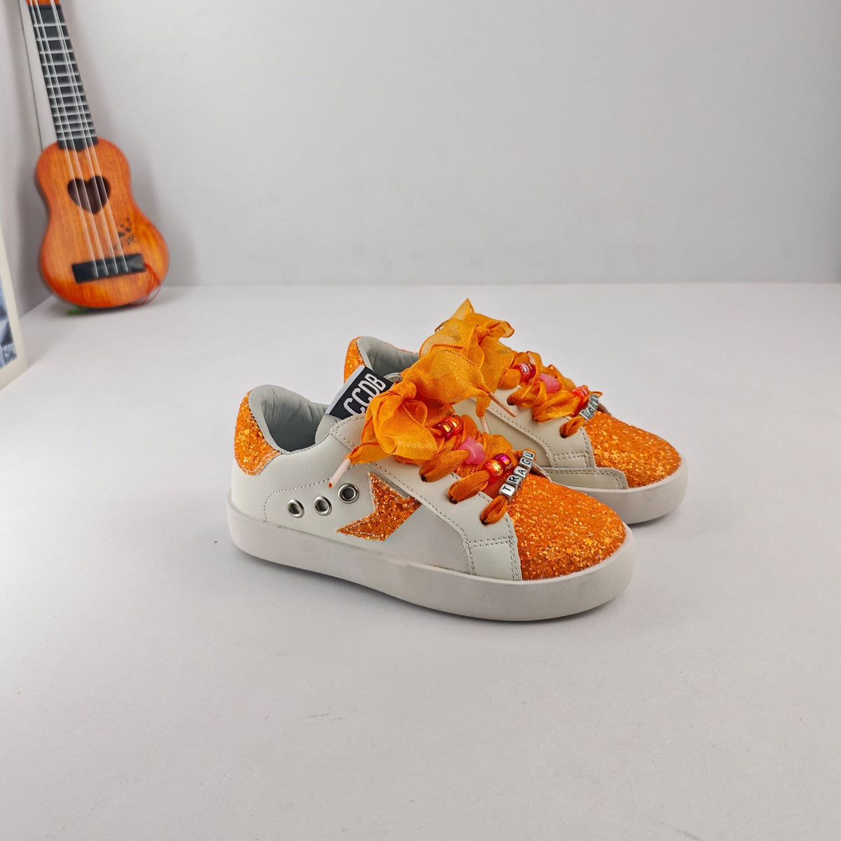 Glitter Star Orange Organza Laced Sneakers