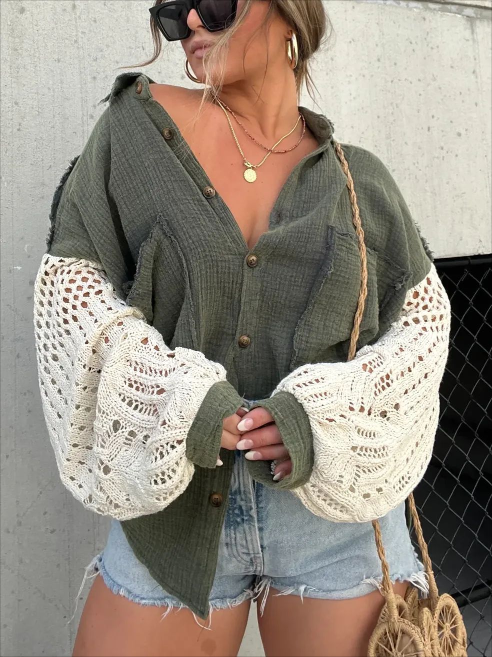 Boho Crochet Sleeve Shacket