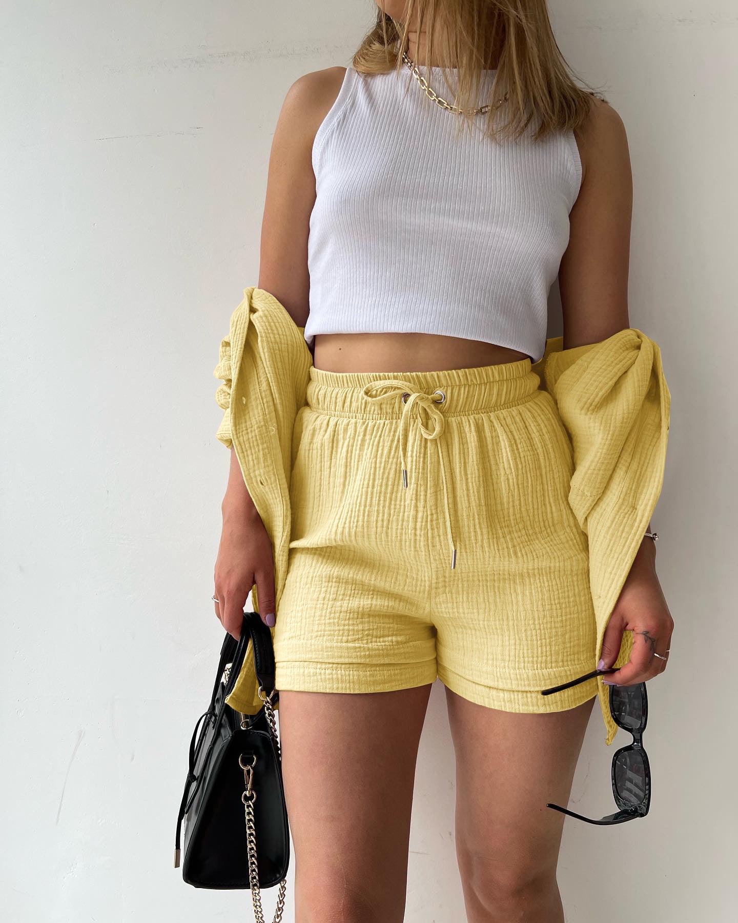 Textured Shirt + Drawstring Shorts 2-Piece Set