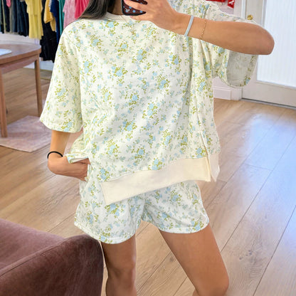 Floral Print Short Sleeve Elastic Waist Pocket Two Piece Set