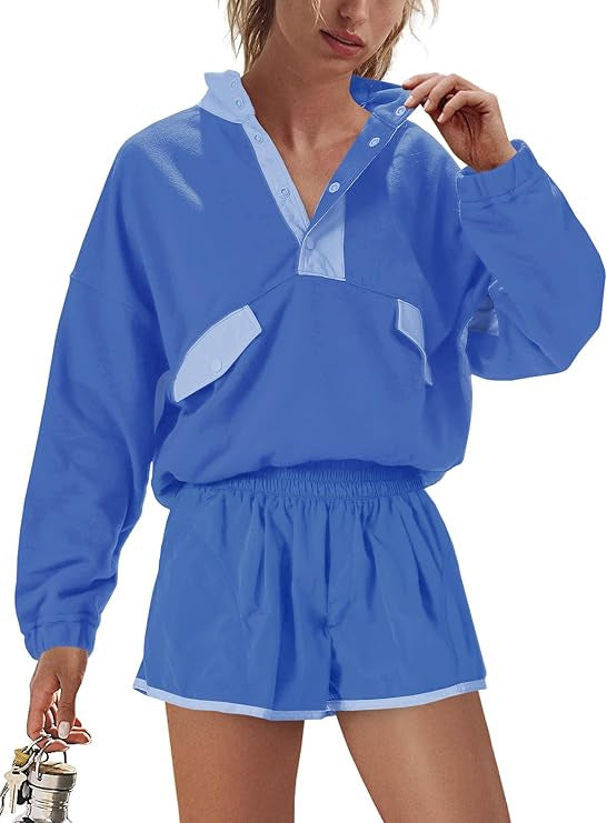 Contrast Color Stitching Long-sleeved Top and Shorts Set(moq2）