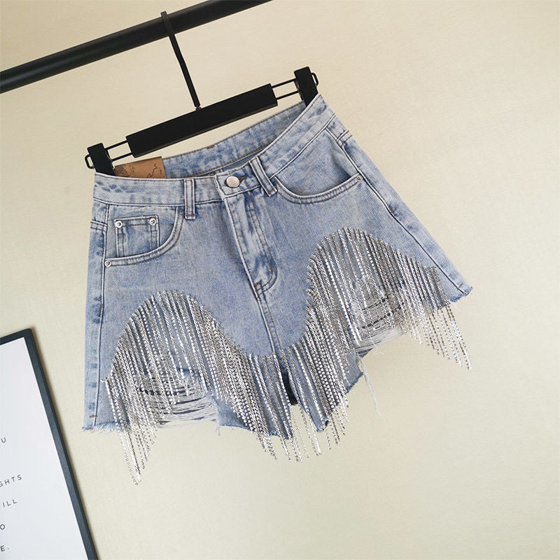 Rhinestone Tassel Chain Denim Shorts