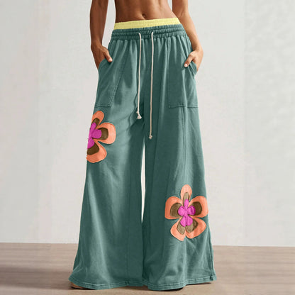 Block Flower Patchwork Drawstring Contrasted Elastic Waist Wide Leg Pants