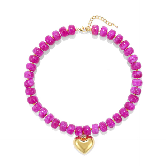 Chunky Marbled Resin Bead Puffy Heart Necklace