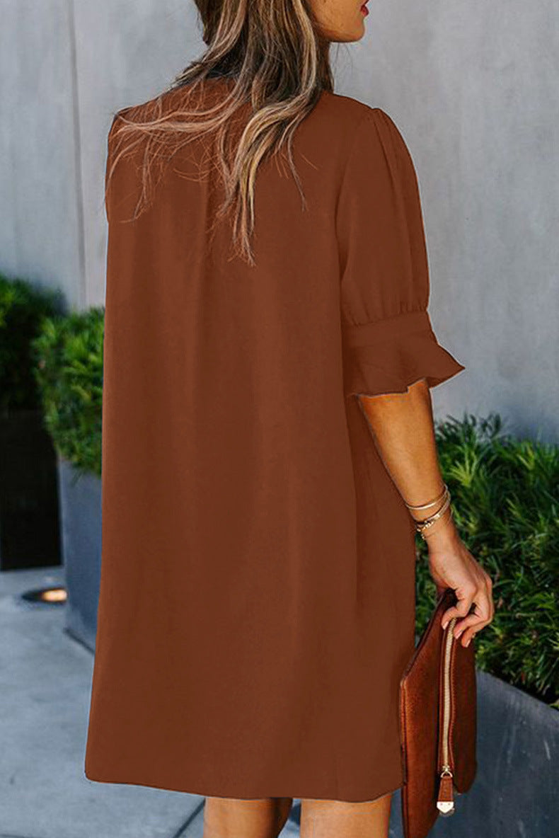 Notched Neck Flounce Sleeve Tunic Dress