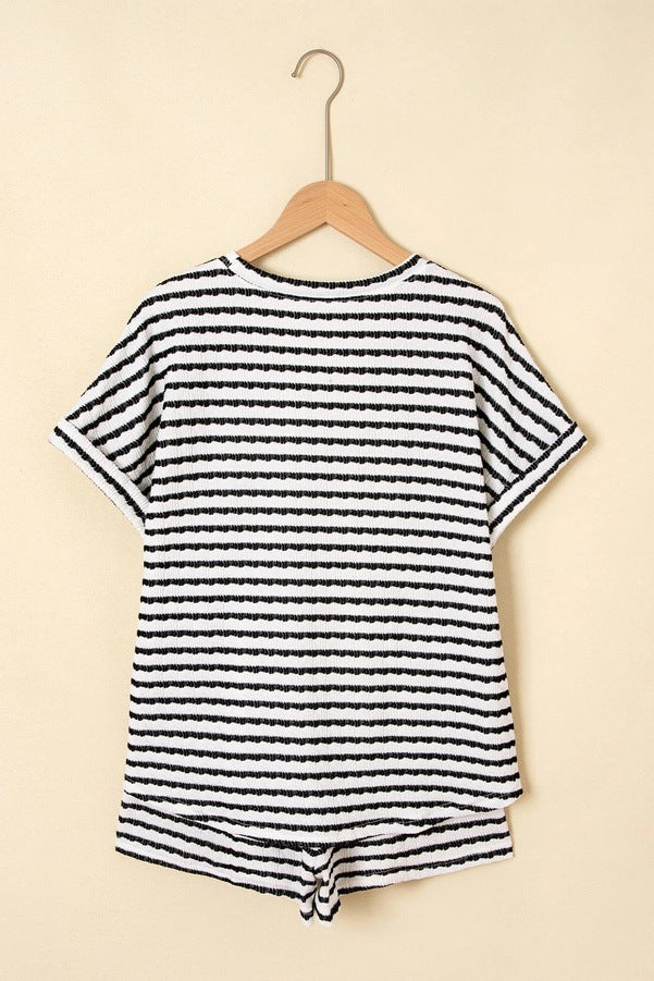 Stripe Knitted Short Sleeve Top and Drawstring Shorts Set